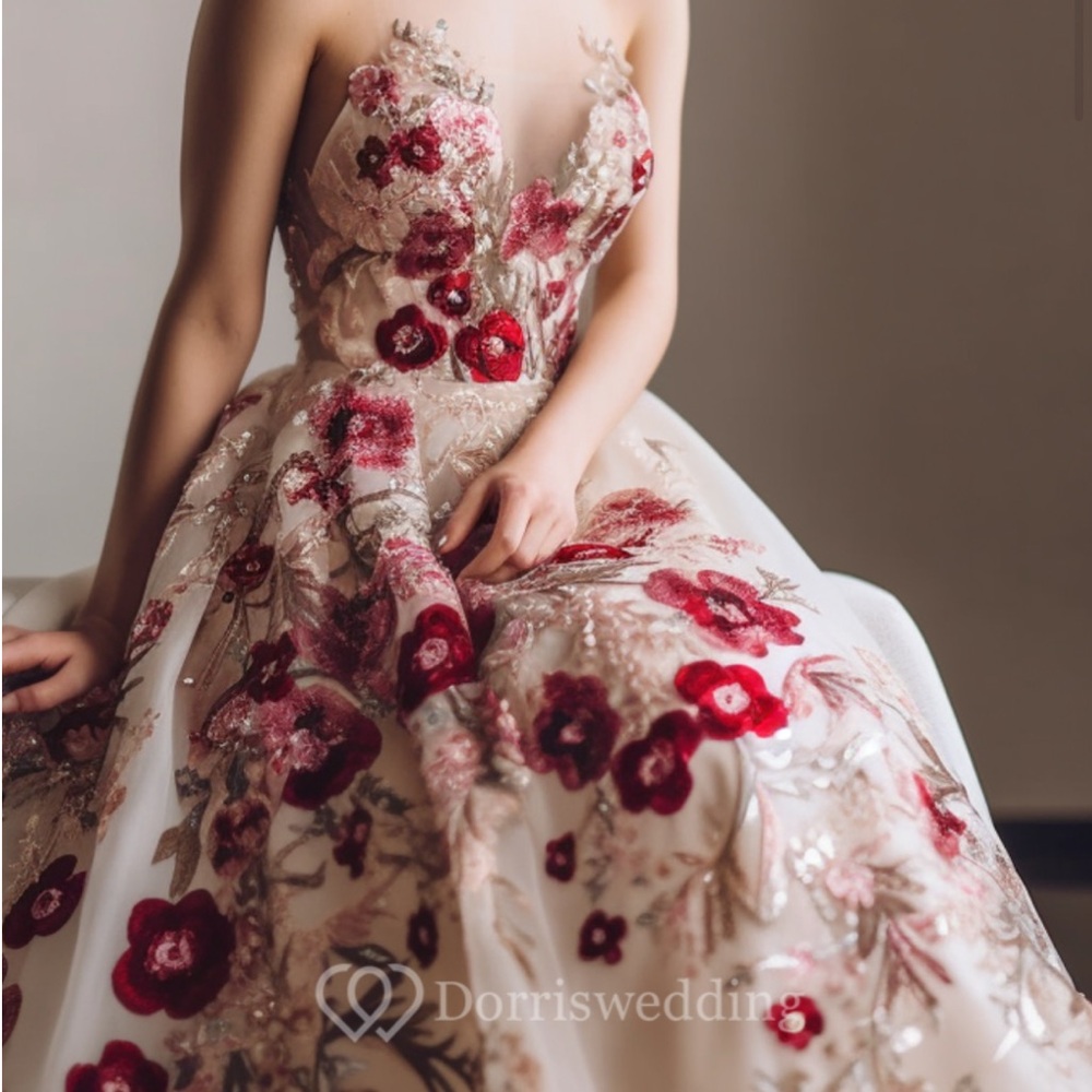 Floral Embroidered Wedding Dress - Red and Cream size 14